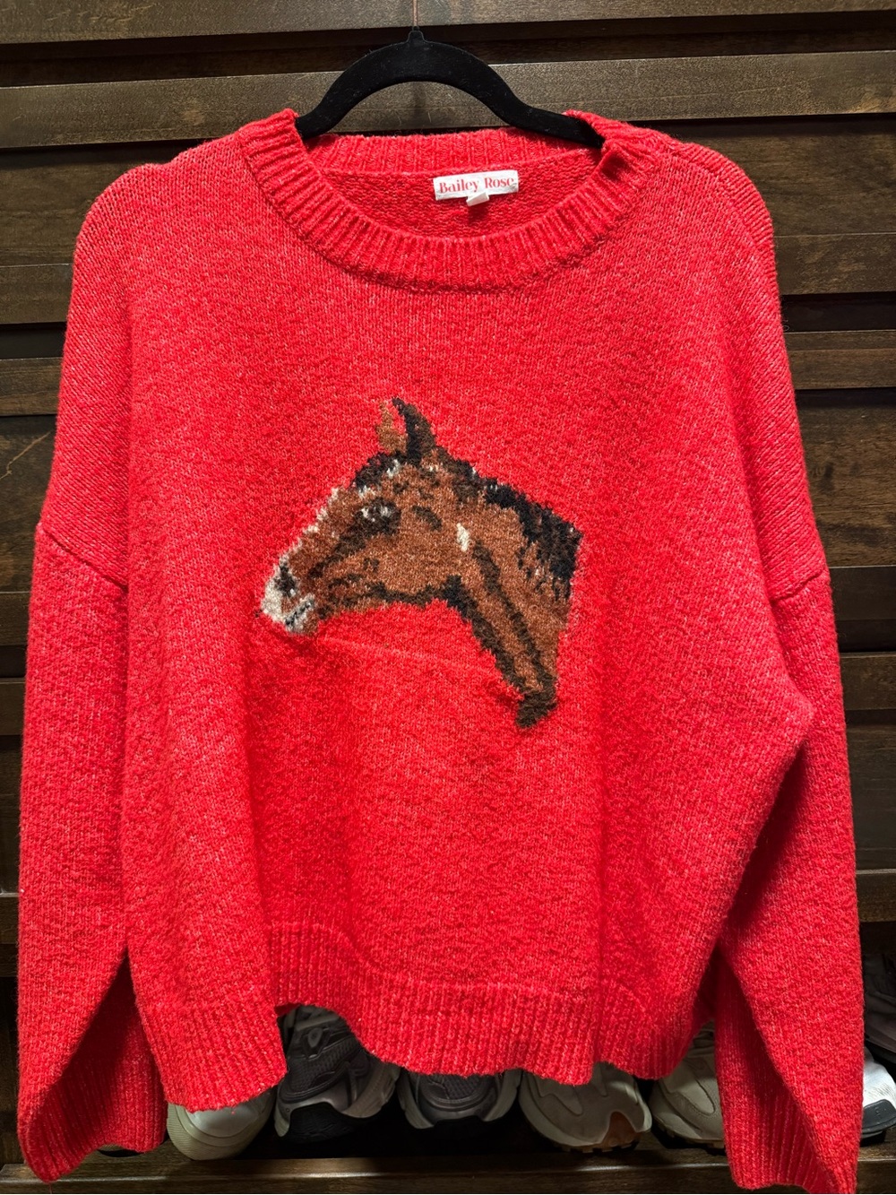 Red Horse-Intarsia Crewneck Sweater